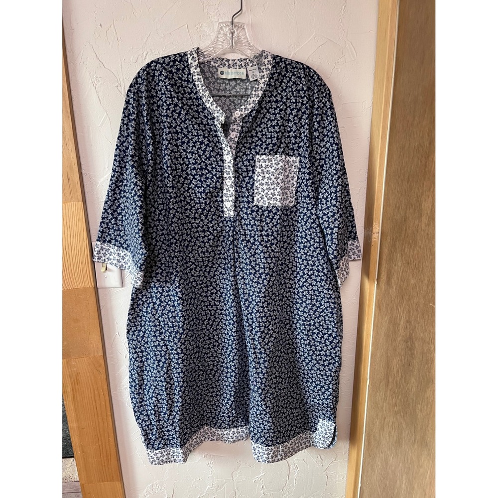 Ella Simone Womens XL Navy Blue White Floral Cotton Nightgown House Dress